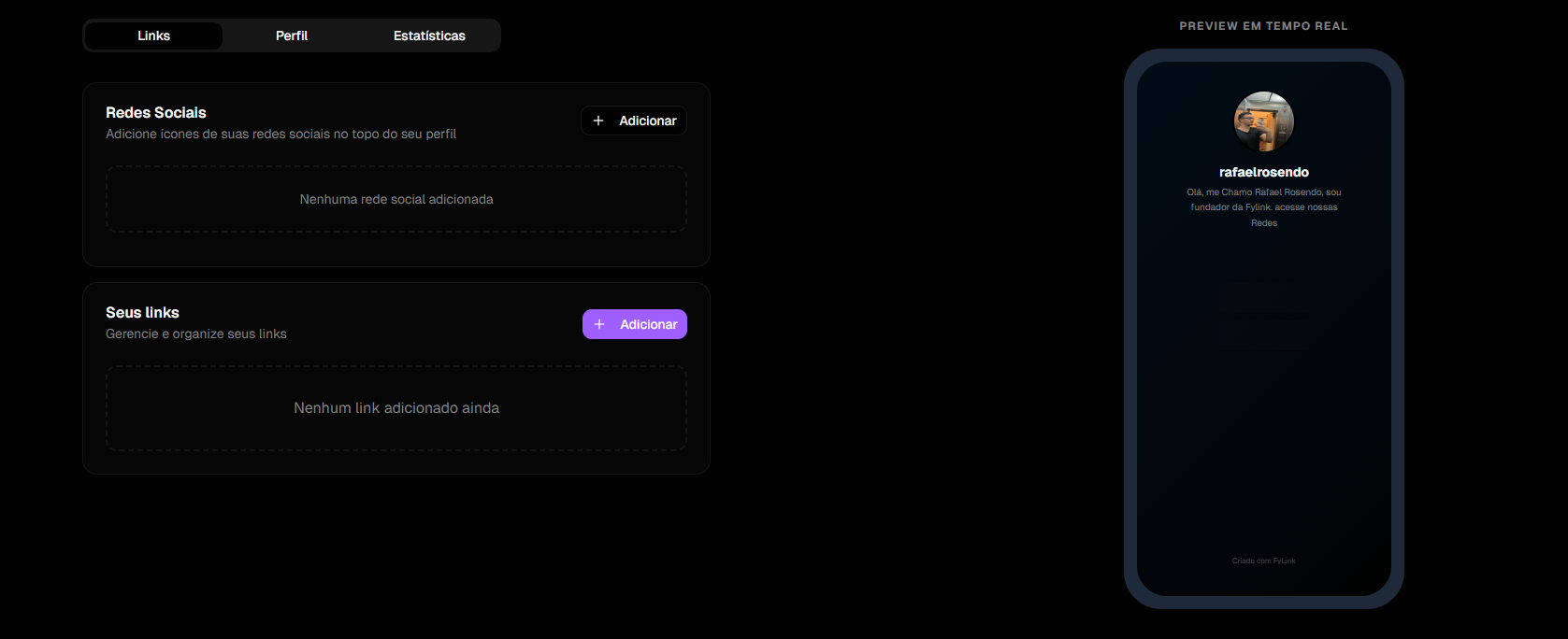 Editor em tempo real mostrando preview mobile com links personalizados